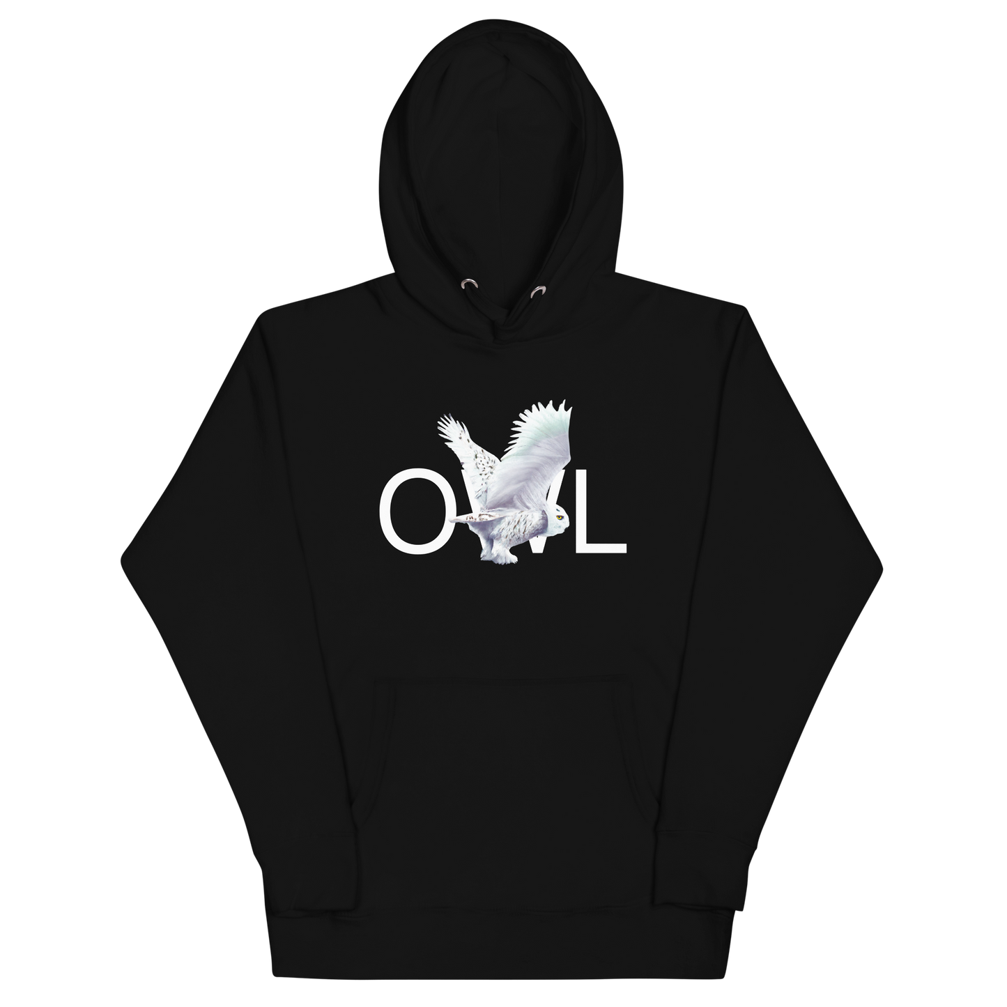 Cotton-polyester blend nature-inspired black hoodie with a snowy owl on the front