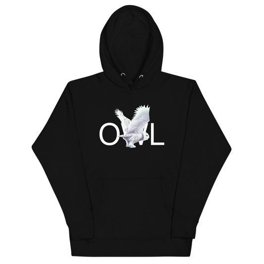 Cotton-polyester blend nature-inspired black hoodie with a snowy owl on the front