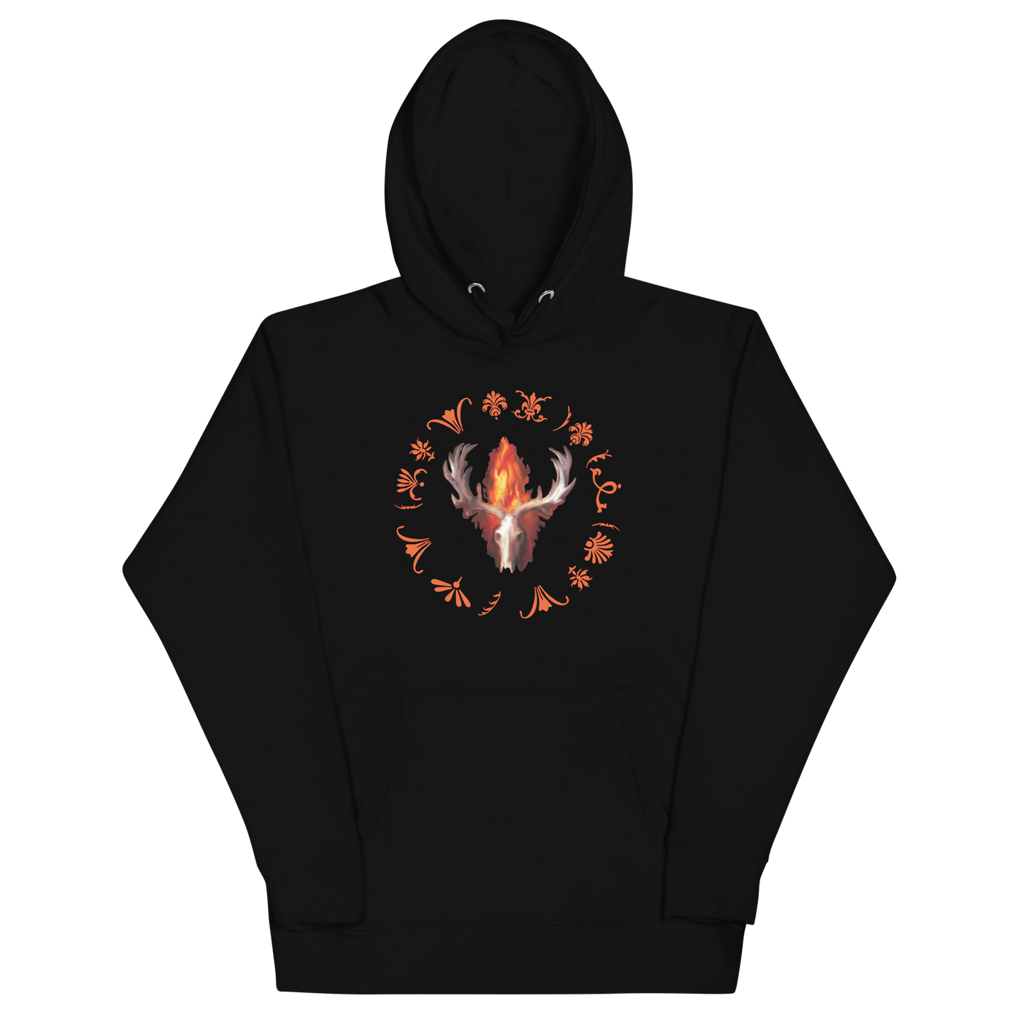 Cotton-polyester blend nature-inspired black hoodie with an animal skull and flames on the front