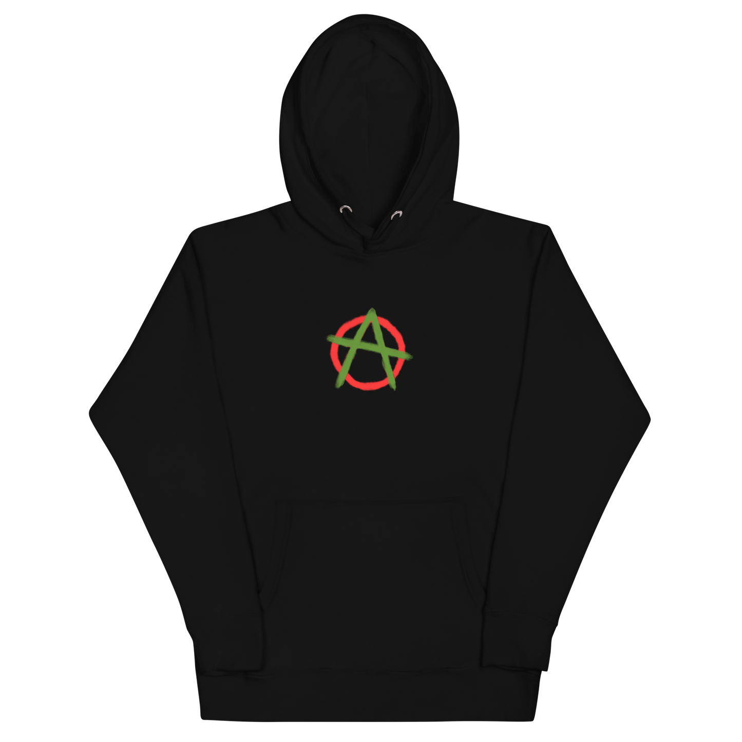 Cotton-polyester blend nature-inspired black hoodie with an anarchy symbol on the front