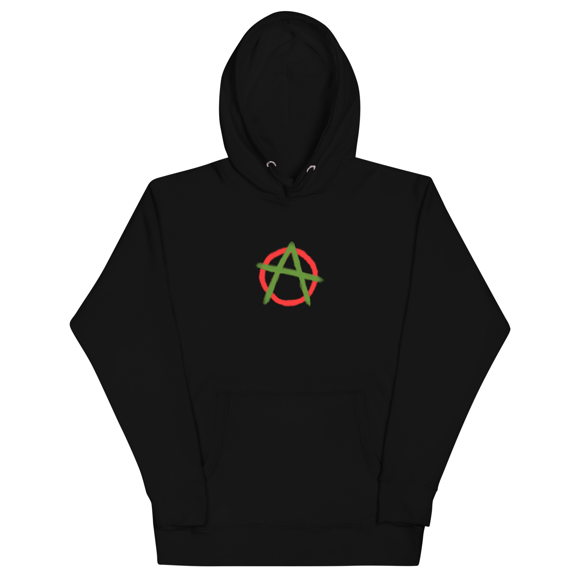 Cotton-polyester blend nature-inspired black hoodie with an anarchy symbol on the front