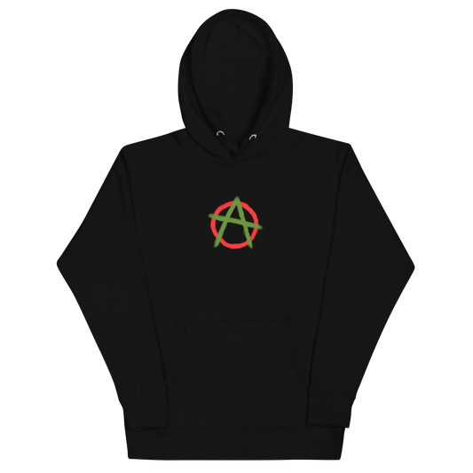 Cotton-polyester blend nature-inspired black hoodie with an anarchy symbol on the front